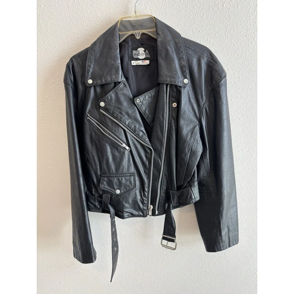VTG Phoenix USA Leather Motorcycle Jacket Black Cropped Belted Moto 90s‎ M
